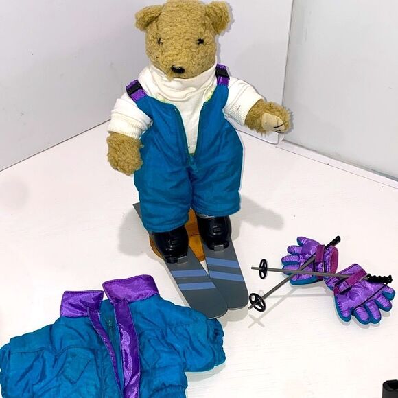 Tender Heart Treasures Vintage Kids Skiing Teddy Bear Toy - Blue and Purple - Picture 8 of 10